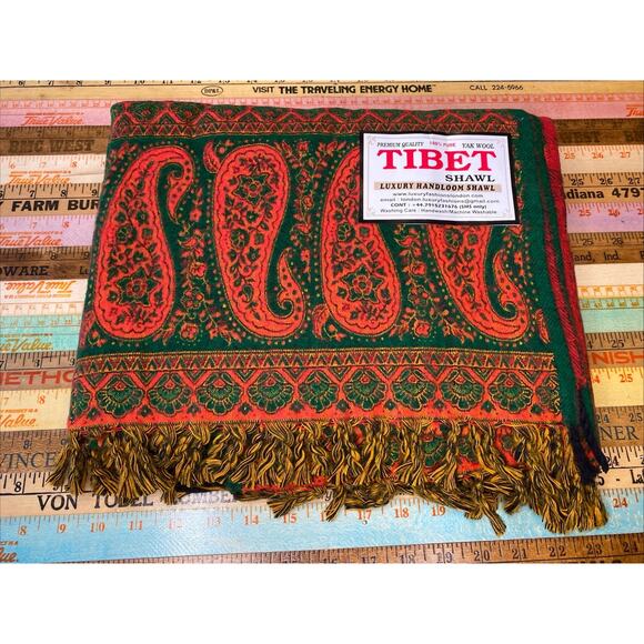 Tibet 100% Yak WOOL Green Orange Red Paisley Shawl Fringe 38" x 82" - NWT - Picture 4 of 14